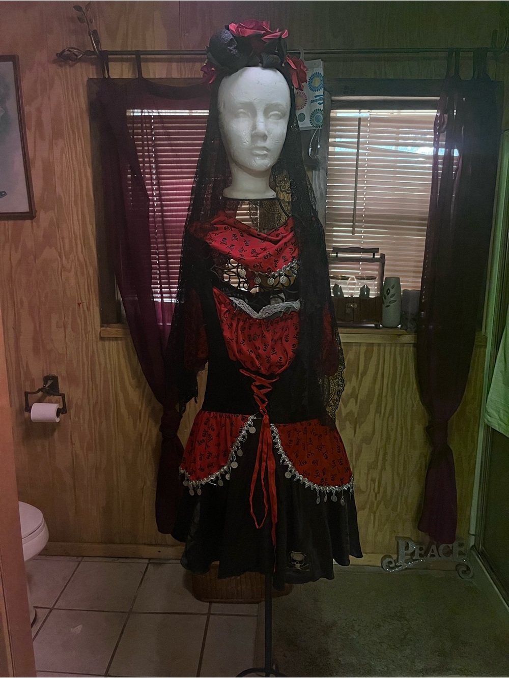 Red and Black Lace-Trim Mini Dress with Coin Detail
